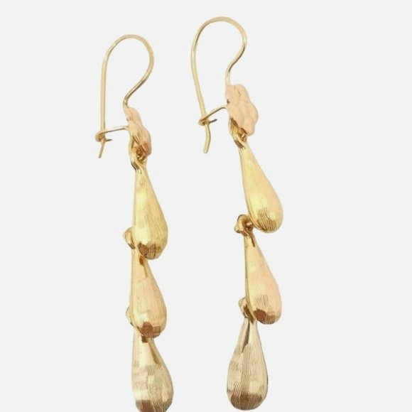 Real 14K Yellow, Rose & White Gold Hollow 3 Teardrops Hanging Earring womens